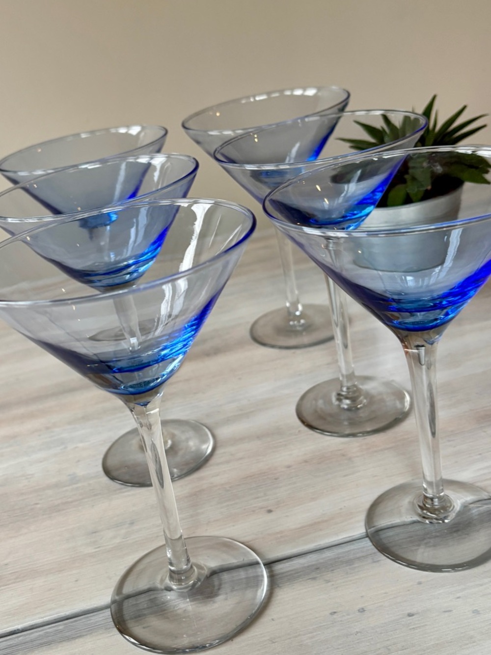 Martini Glass Set with Blue‑Tint Base. Set of Six.